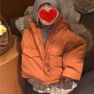 Orange Hooded Baby down Jacket with  Fur Trim